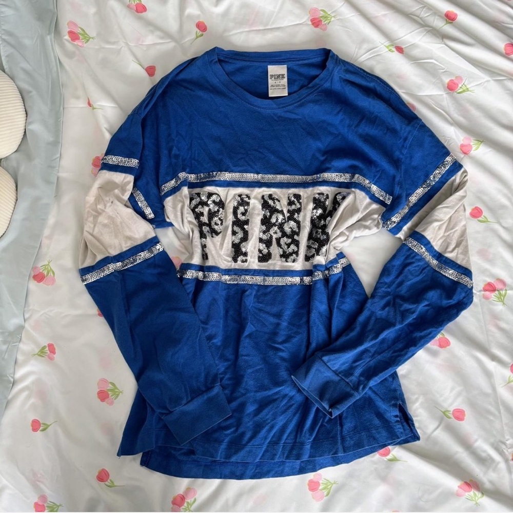 PINK Victoria's Secret Blue and White Long Sleeve Tee